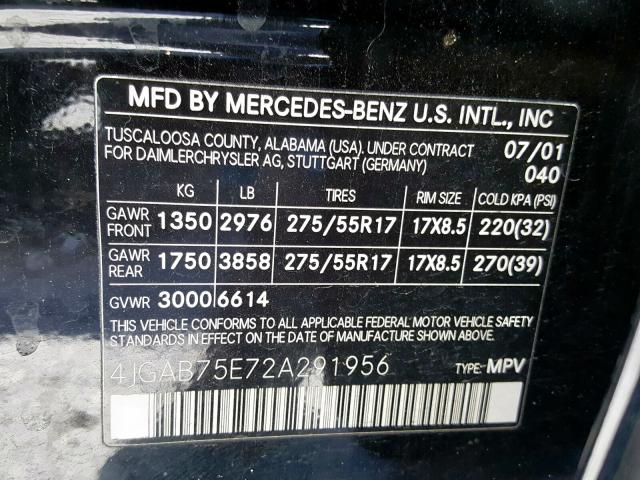 4JGAB75E72A291956 - 2002 MERCEDES-BENZ ML 500  photo 10