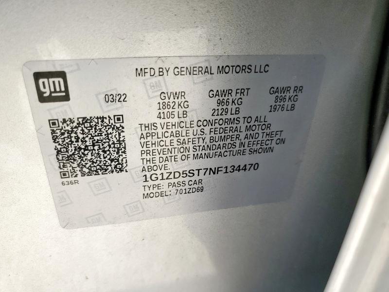 1G1ZD5ST7NF134470 - 2022 CHEVROLET MALIBU LT SILVER photo 13