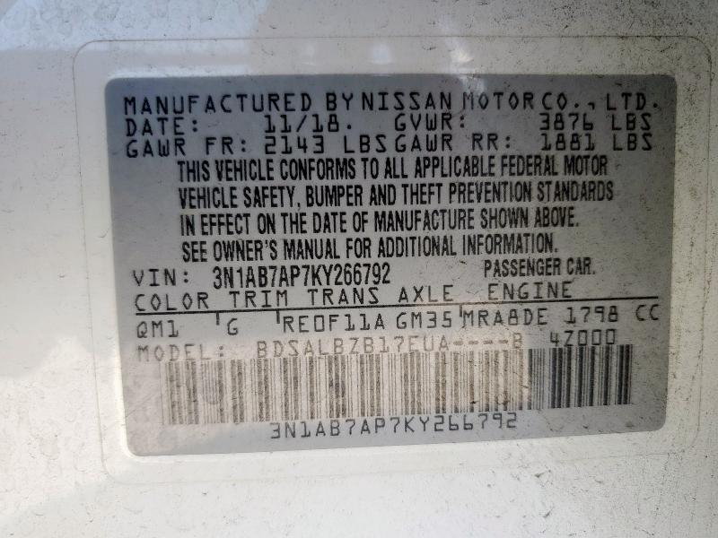 3N1AB7AP7KY266792 - 2019 NISSAN SENTRA S 白色 照片 13