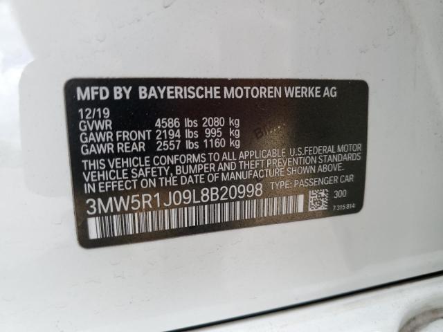 3MW5R1J09L8B20998 - 2020 BMW 330I WHITE photo 12