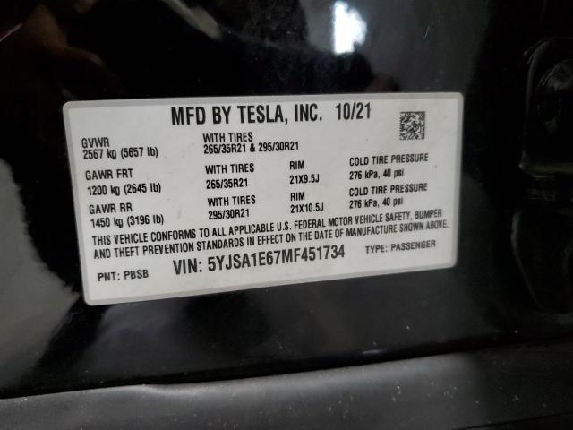 5YJSA1E67MF451734 - 2021 TESLA MODEL S Чорний фото 12