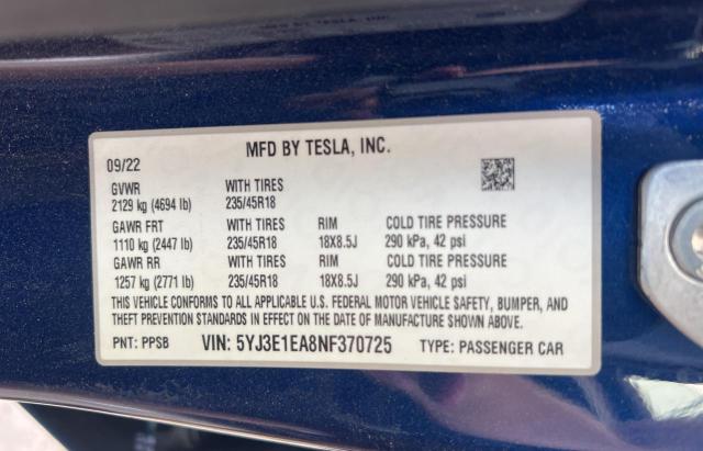 5YJ3E1EA8NF370725 - 2022 TESLA MODEL 3 BLUE photo 10