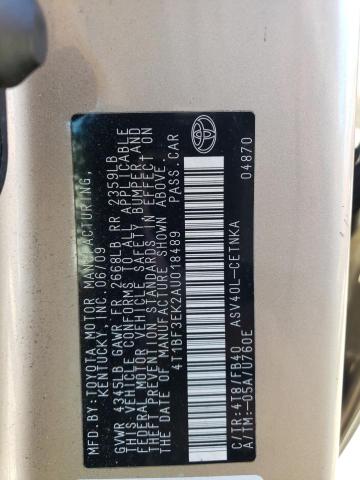 4T1BF3EK2AU018489 - 2010 TOYOTA CAMRY BASE 金色 照片 12