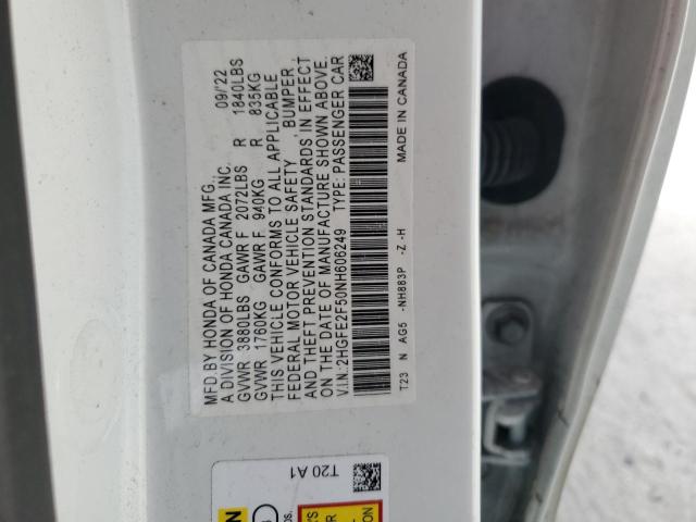 2HGFE2F50NH606249 - 2022 HONDA CIVIC SPORT თეთრი ფოტო 13