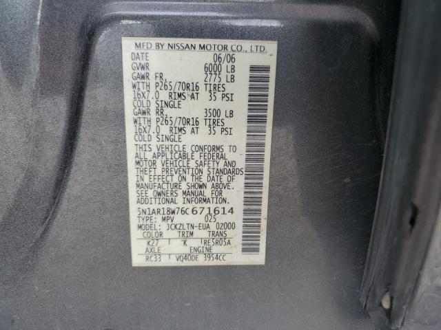 5N1AR18W76C671614 - 2006 NISSAN PATHFINDER LE 灰色 照片 13