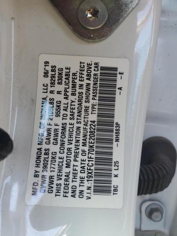 19XFC1F70KE208224 - 2019 HONDA CIVIC EXL WHITE photo 12
