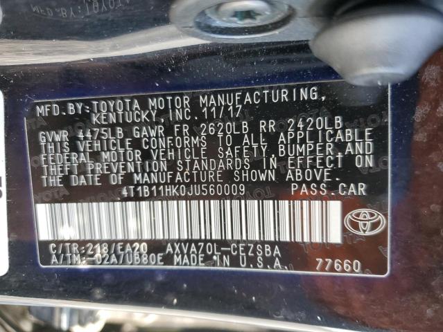 4T1B11HK0JU560009 - 2018 TOYOTA CAMRY L BLACK photo 13