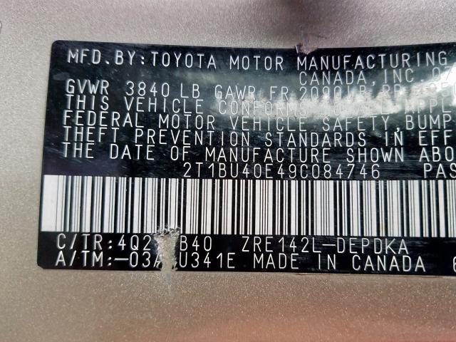 2T1BU40E49C084746 - 2009 TOYOTA COROLLA BASE  photo 10