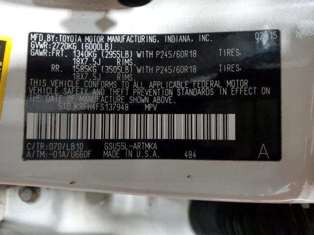 5TDJKRFH4FS137948 - 2015 TOYOTA HIGHLANDER XLE Սպիտակ լուսանկար 13