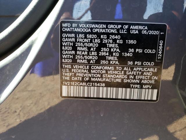 1V21E2CA8LC215438 - 2020 VOLKSWAGEN ATLAS CROS SE ნაცრისფერი ფოტო 12