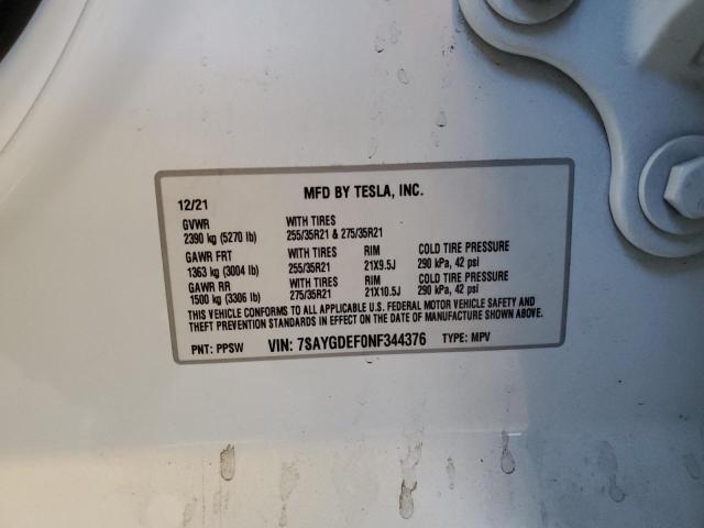 7SAYGDEF0NF344376 - 2022 TESLA MODEL Y 白色 照片 12