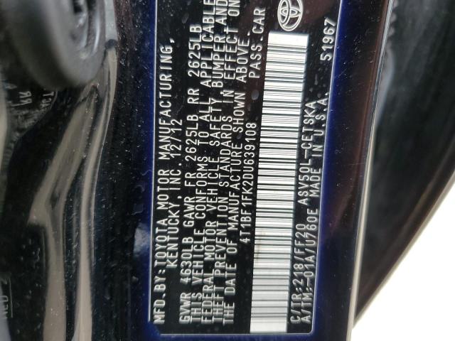 4T1BF1FK2DU639108 - 2013 TOYOTA CAMRY L BLACK photo 12