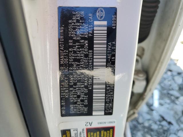 4T1BK3DB5CU462868 - 2012 TOYOTA AVALON BASE 白色 照片 12