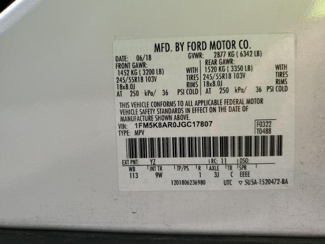 1FM5K8AR0JGC17807 - 2018 FORD EXPLORER POLICE INTERCEPTOR 白色 照片 14