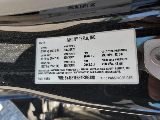 5YJ3E1EB8KF393488 - 2019 TESLA MODEL 3 BLACK photo 13