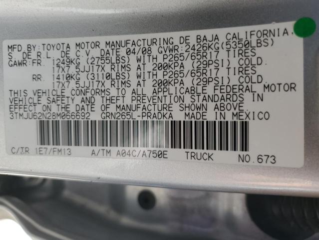 3TMJU62N28M066692 - 2008 TOYOTA TACOMA DOUBLE CAB PRERUNNER SILVER photo 12