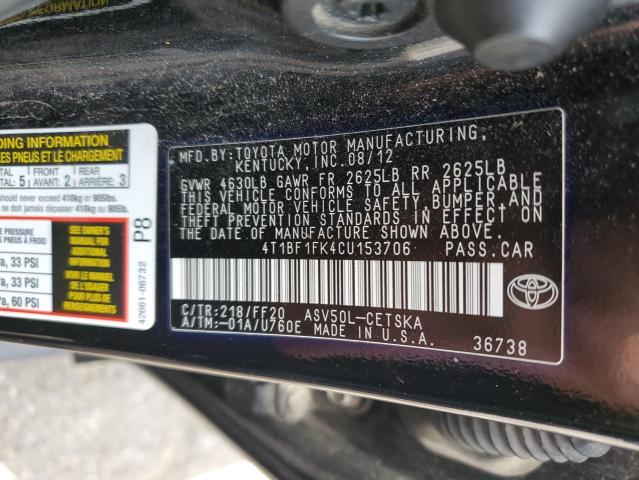 4T1BF1FK4CU153706 - 2012 TOYOTA CAMRY BASE BLACK photo 13