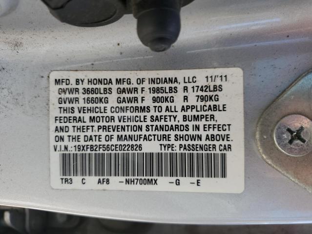 19XFB2F56CE022826 - 2012 HONDA CIVIC LX SILVER photo 12