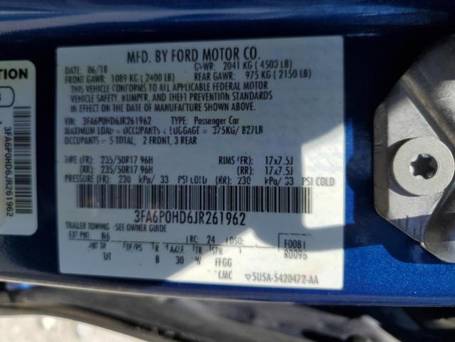 3FA6P0HD6JR261962 - 2018 FORD FUSION SE BLUE photo 12