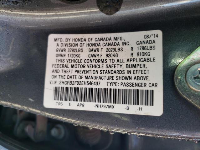 2HGFB2F92EH546437 - 2014 HONDA CIVIC EXL ნაცრისფერი ფოტო 12