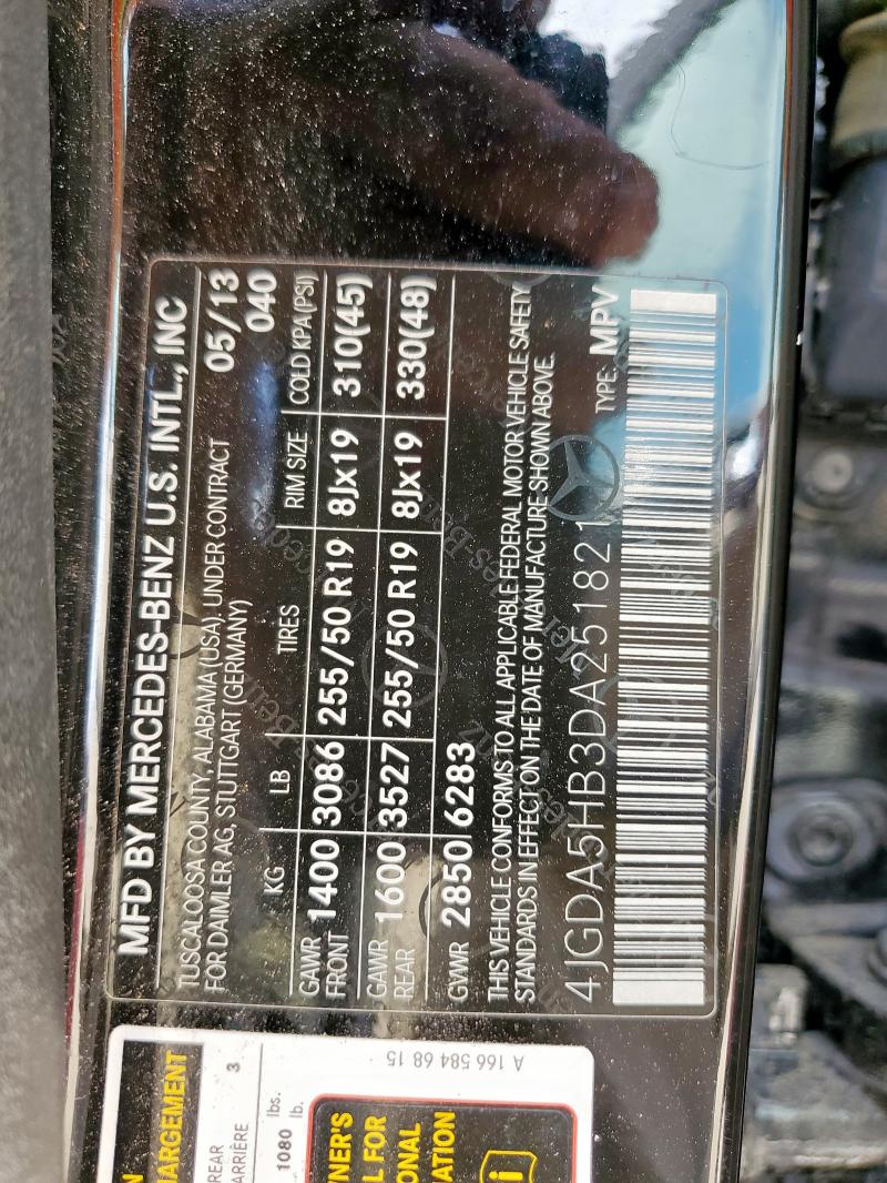 4JGDA5HB3DA251821 - 2013 MERCEDES-BENZ ML 350 4MATIC BLACK photo 13