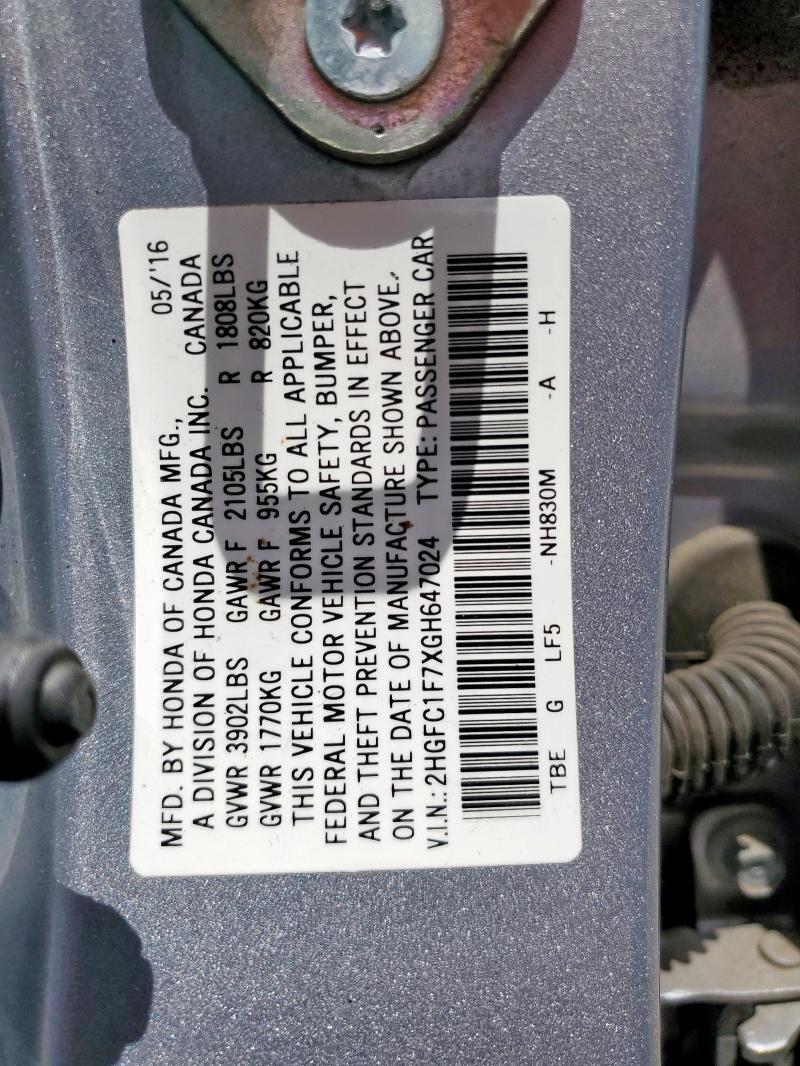 2HGFC1F7XGH647024 - 2016 HONDA CIVIC EXL SILVER photo 12
