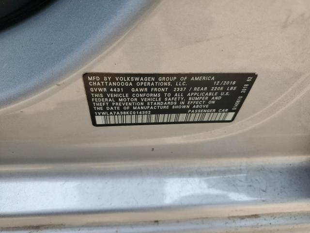 1VWLA7A38KC014352 - 2019 VOLKSWAGEN PASSAT WOLFSBURG SILVER photo 12