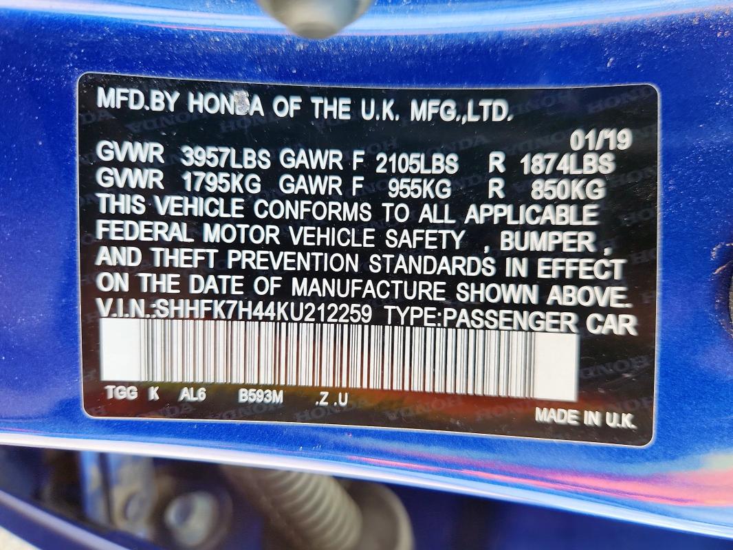 SHHFK7H44KU212259 - 2019 HONDA CIVIC SPORT Niebieski zdjęcie 13