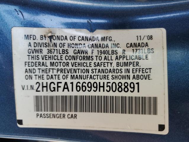 2HGFA16699H508891 - 2009 HONDA CIVIC LX-S BLUE photo 13