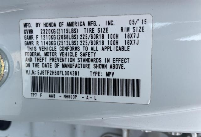 5J6TF2H50FL004381 - 2015 HONDA CROSSTOUR EXL თეთრი ფოტო 10