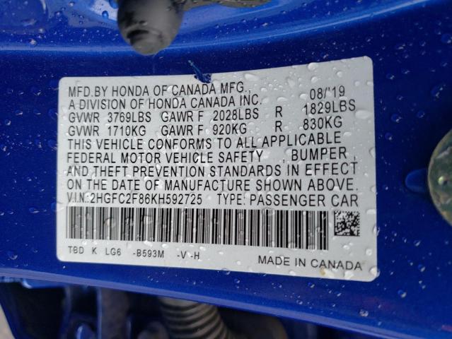 2HGFC2F86KH592725 - 2019 HONDA CIVIC SPORT 蓝色 照片 12