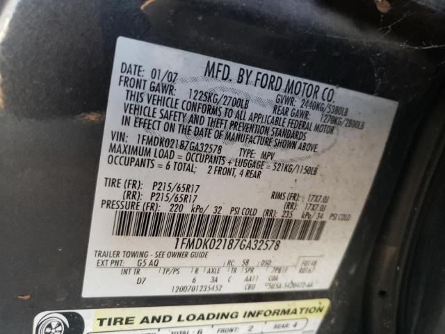 1FMDK02187GA32578 - 2005 FORD FREESTYLE SEL BLACK photo 10