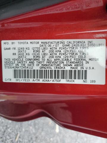 5TEUU42NX7Z454112 - 2007 TOYOTA TACOMA ACCESS CAB წითელი ფოტო 12