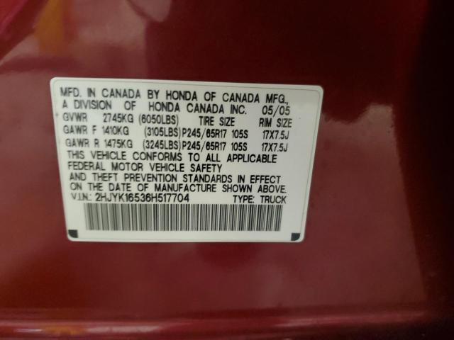 2HJYK16536H517704 - 2006 HONDA RIDGELINE RTL BURGUNDY photo 12