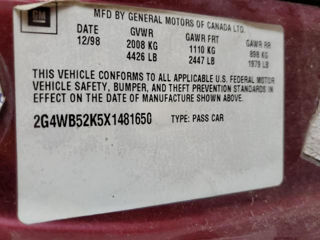 2G4WB52K5X1481650 - 1999 BUICK REGAL LS 栗色 照片 12