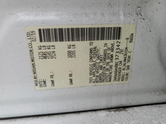 1N4AA6AV8KC373342 - 2019 NISSAN MAXIMA S WHITE photo 12