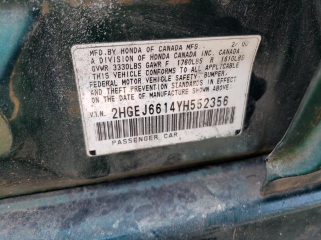 2HGEJ6614YH552356 - 2000 HONDA CIVIC BASE TEAL photo 13