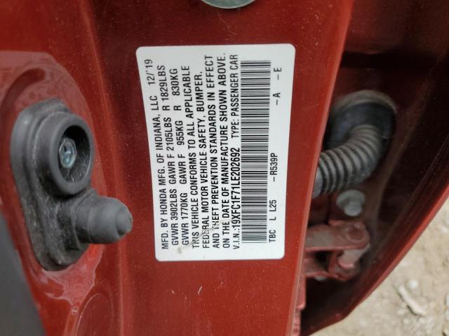 19XFC1F71LE202692 - 2020 HONDA CIVIC EXL წითელი ფოტო 12