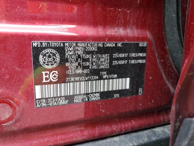 2T3R1RFV2LW113394 - 2020 TOYOTA RAV4 XLE RED photo 13