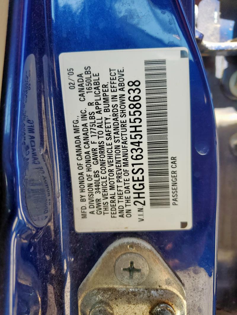 2HGES16345H558638 - 2005 HONDA CIVIC DX VP BLUE photo 13