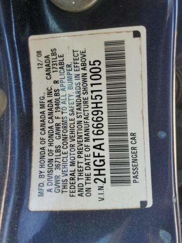 2HGFA16669H511005 - 2009 HONDA CIVIC LX-S Mavi fotoğraf 12