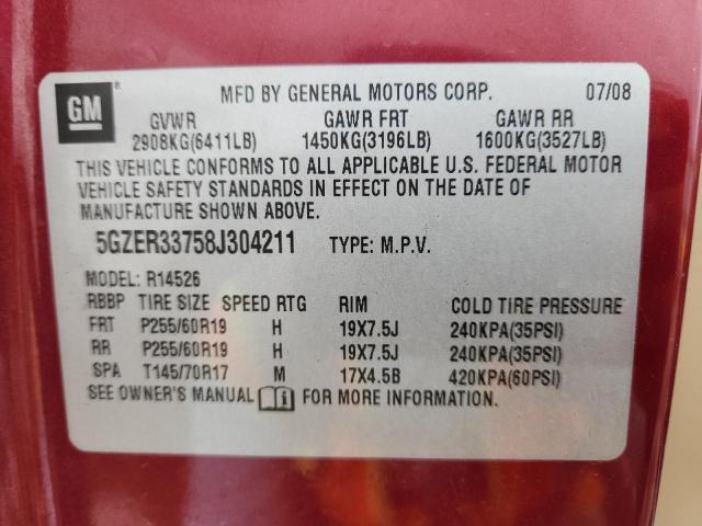 5GZER33758J304211 - 2008 SATURN OUTLOOK XR ბურგუნდია ფოტო 13