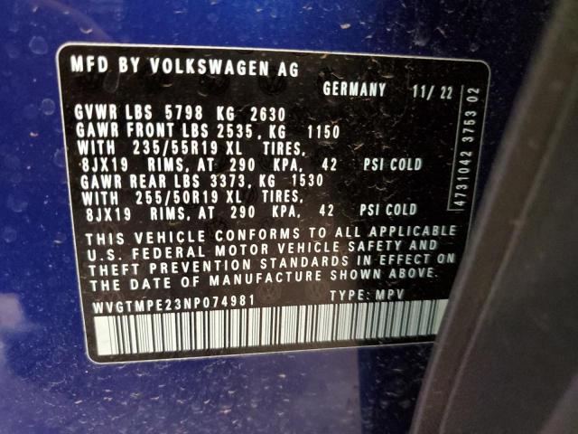 WVGTMPE23NP074981 - 2022 VOLKSWAGEN ID.4 PRO S BLUE photo 14