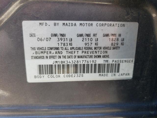 JM1BK343281776192 - 2008 MAZDA 3 HATCHBACK GRAY photo 12