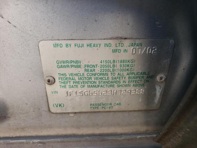 JF1SG65623H729388 - 2003 SUBARU FORESTER 2.5XS ვერცხლისფერი ფოტო 10