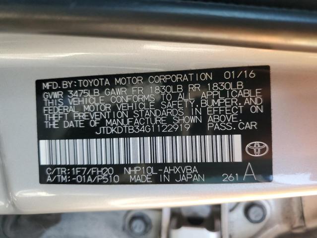 JTDKDTB34G1122919 - 2016 TOYOTA PRIUS C SILVER photo 12