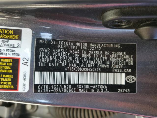 4T1BK3DB3CU450525 - 2012 TOYOTA AVALON BAS 石墨色 照片 10