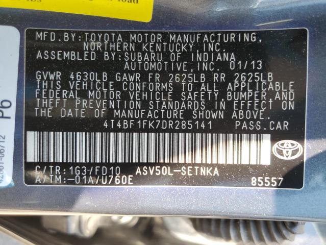 4T4BF1FK7DR285141 - 2013 TOYOTA CAMRY L GRAY photo 12