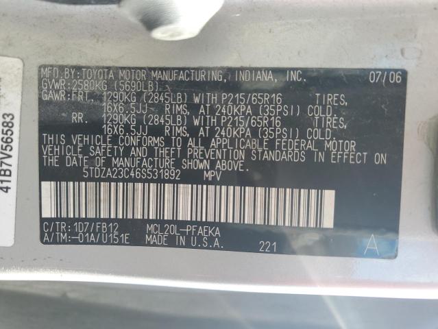 5TDZA23C46S531892 - 2006 TOYOTA SIENNA CE CREAM photo 13