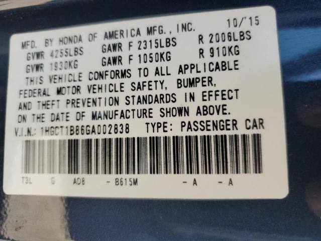 1HGCT1B86GA002838 - 2016 HONDA ACCORD EXL BLUE photo 12